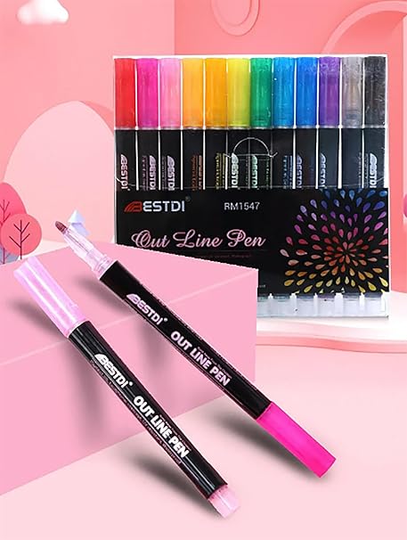 Outline Pen, Self-Outline Metallic Markers (12 Colours)